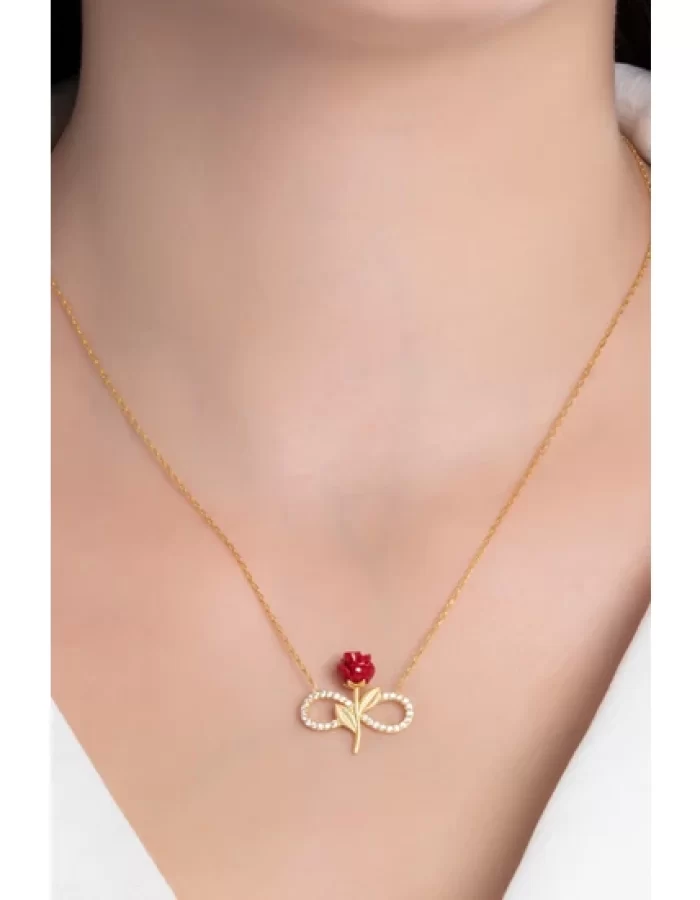 Pure 925 Sterling Silver Gold Plated Zircon Stone Red Rose Infinity Model Necklace