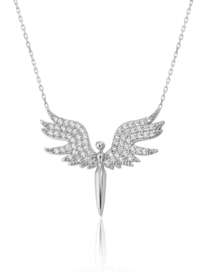 White Angel of Michael Silver Necklace 925 Sterling Angel Wing Necklace with Zircon Stone